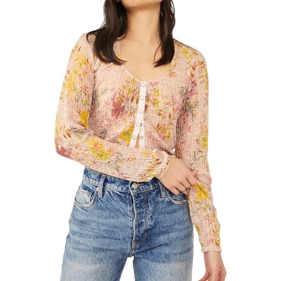 Free People Tops - Free People Angelina Top Small Pink Floral Print Lace New Sheer Romantic Cottage